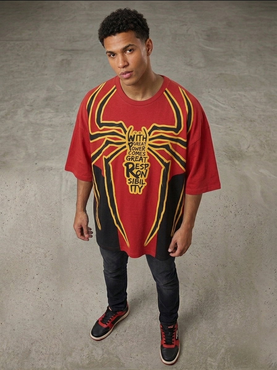 Man wearing Spider-Man Great Power red oversized t-shirt with quote graphic, front view