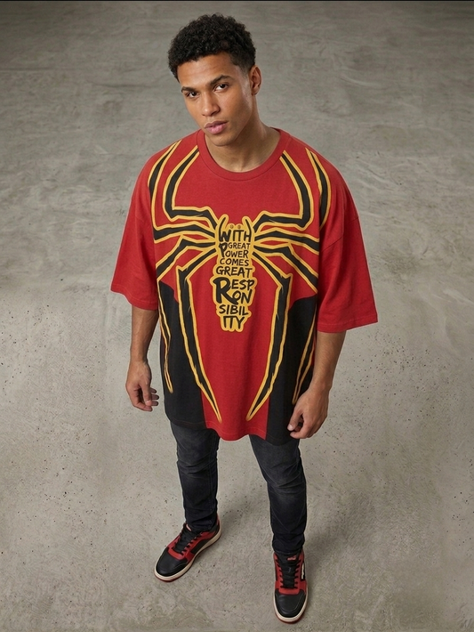 Man wearing Spider-Man Great Power red oversized t-shirt with quote graphic, front view