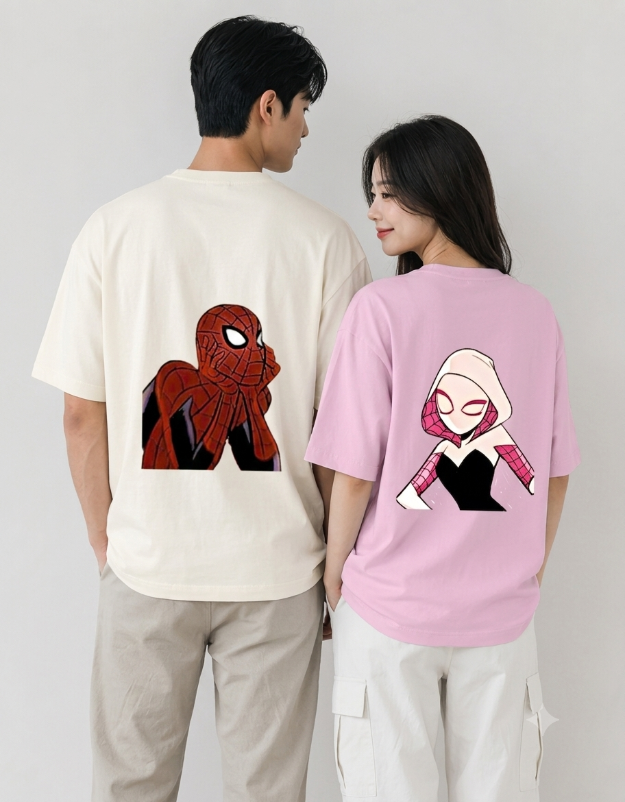 Back view of Spider-Man and Spider-Gwen matching oversized t-shirts with graphic character print