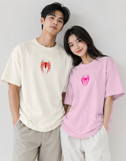 Couple wearing Spider-Man oversized t-shirt and Spider-Gwen oversized t-shirt with front spider logo