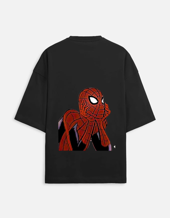 Back view of Spider-Man and Spider-Gwen matching oversized t-shirts with graphic character print