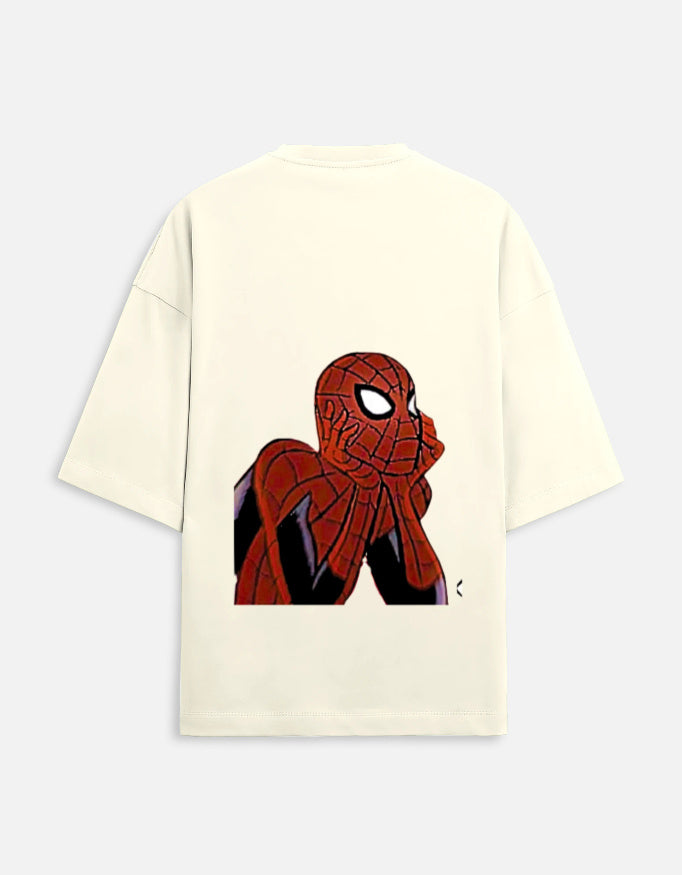 Back view of Spider-Man and Spider-Gwen matching oversized t-shirts with graphic character print