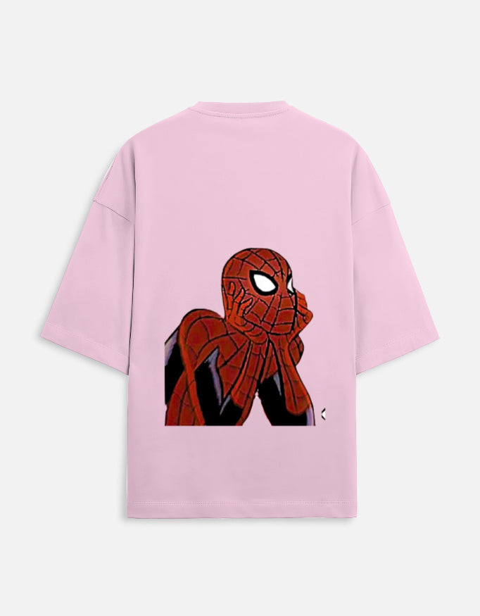 Back view of Spider-Man and Spider-Gwen matching oversized t-shirts with graphic character print