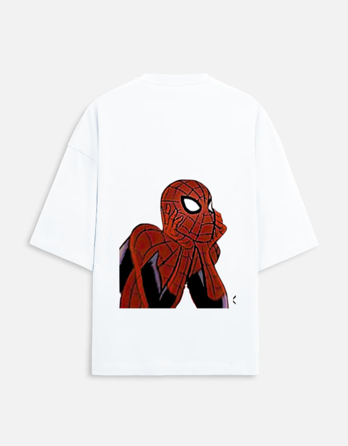 Back view of Spider-Man and Spider-Gwen matching oversized t-shirts with graphic character print