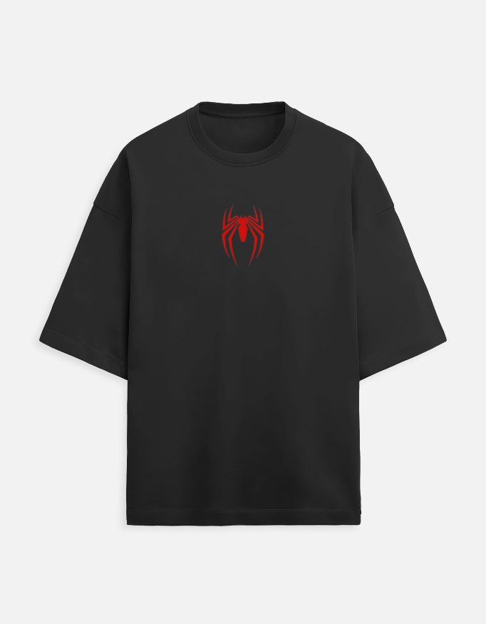 Couple wearing Spider-Man oversized t-shirt and Spider-Gwen oversized t-shirt with front spider logo