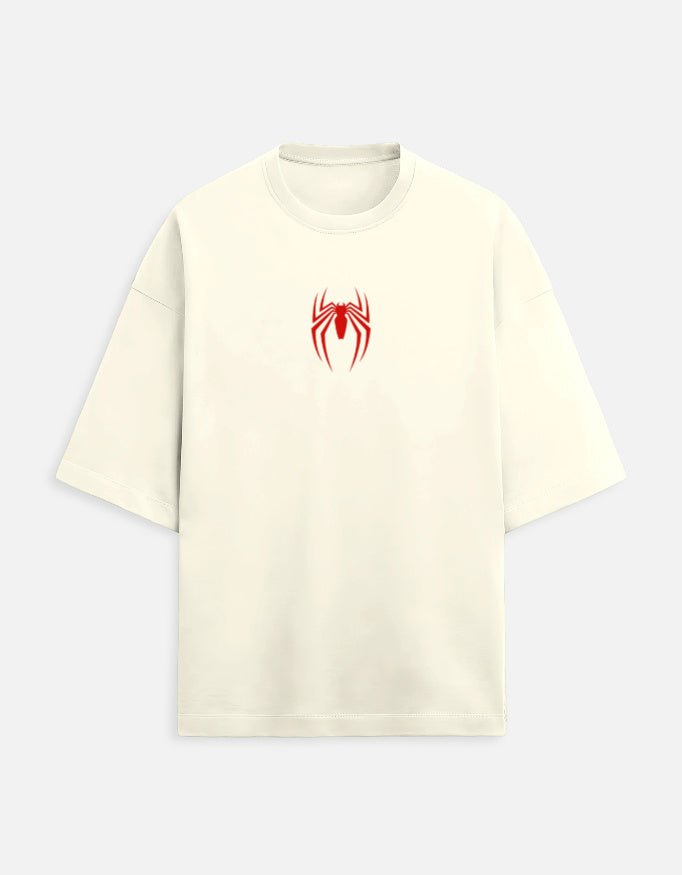 Couple wearing Spider-Man oversized t-shirt and Spider-Gwen oversized t-shirt with front spider logo