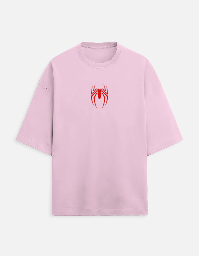 Couple wearing Spider-Man oversized t-shirt and Spider-Gwen oversized t-shirt with front spider logo