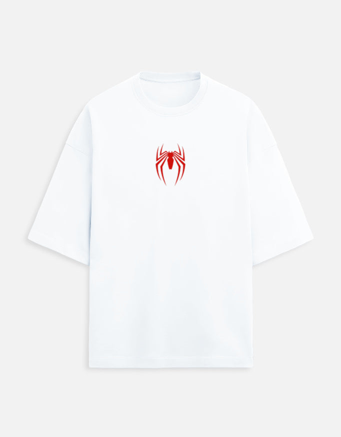 Couple wearing Spider-Man oversized t-shirt and Spider-Gwen oversized t-shirt with front spider logo