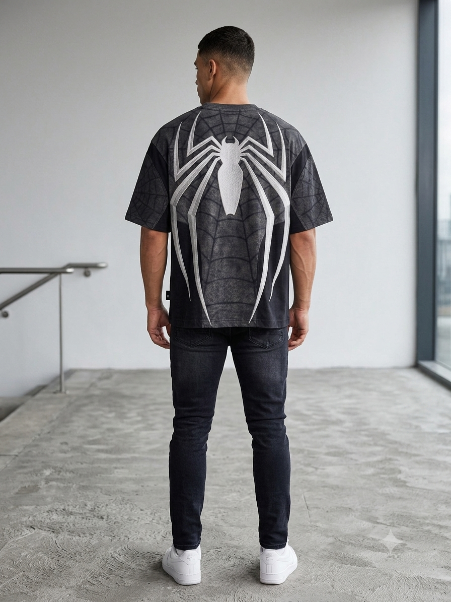 Man wearing Spider-Man web print oversized black t-shirt with Marvel logo, back view