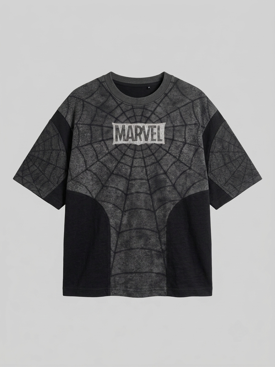 Spider-Man web print oversized t-shirt flat lay front view with Marvel logo