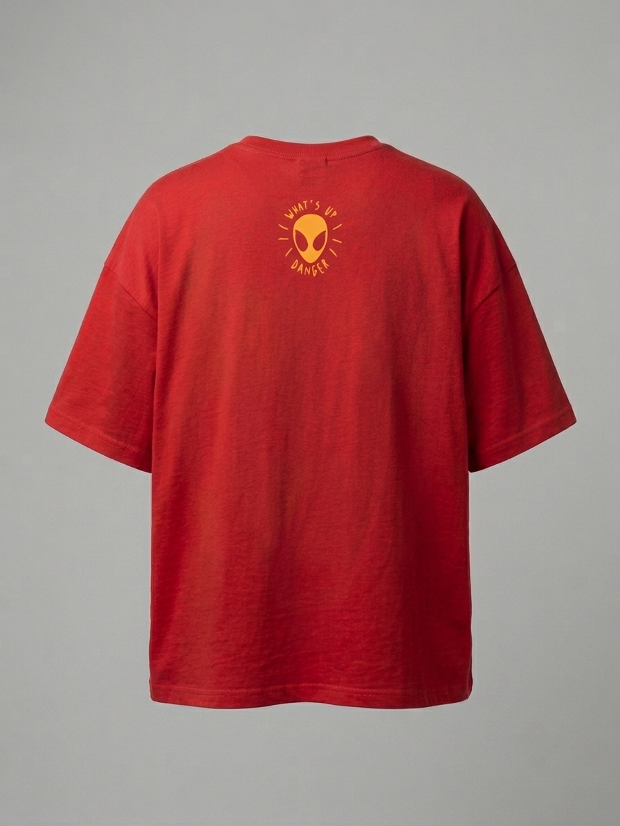 Spider-Man oversized t-shirt back view with What's Up Danger alien print
