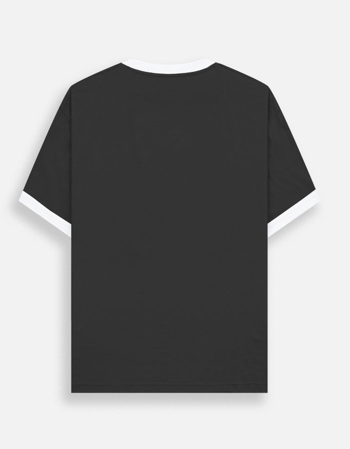 Black ringer t-shirt with white contrast collar and glowing spider silhouette graphic print, back view