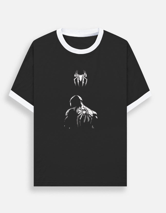 Black ringer t-shirt with white contrast collar and glowing spider silhouette graphic print, front view