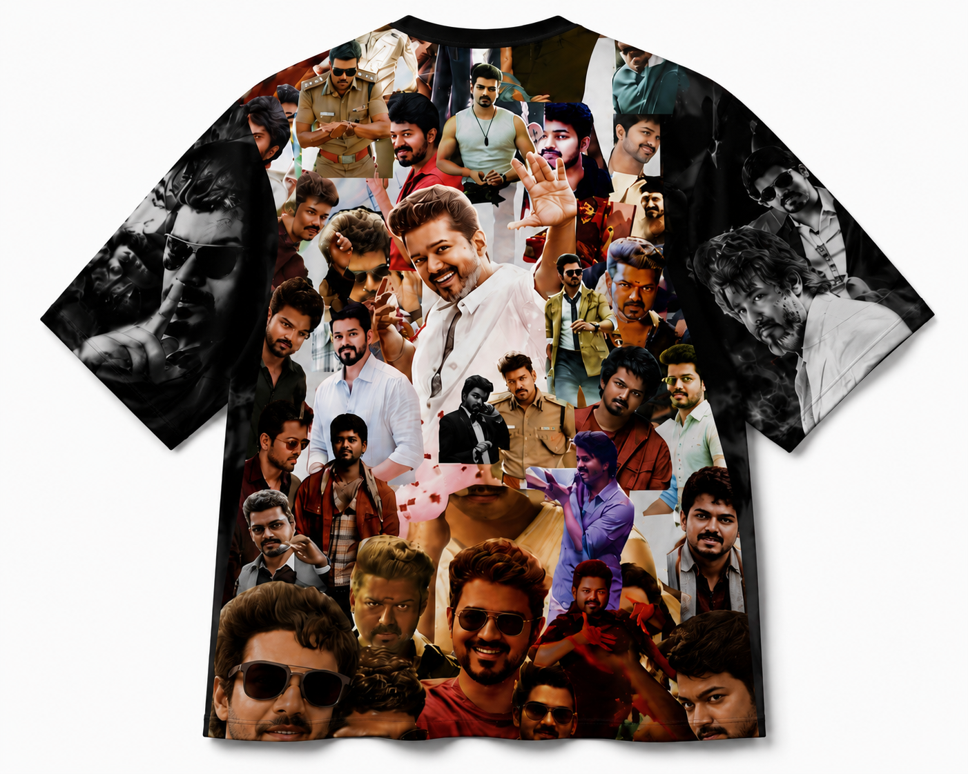 All-over print oversized t-shirt with collage of film stills and portraits, back view