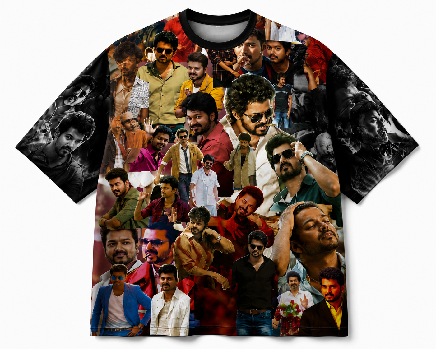 All-over print oversized t-shirt with collage of film stills and portraits, front view