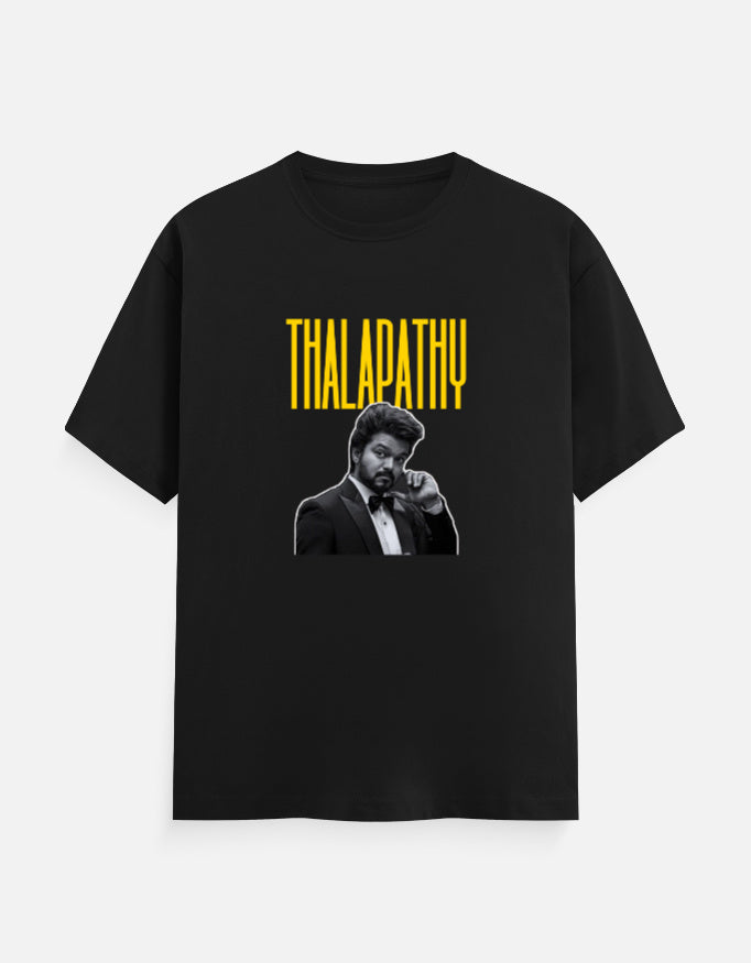 Black oversized t-shirt with Thalapathy typography and black and white portrait print, front view