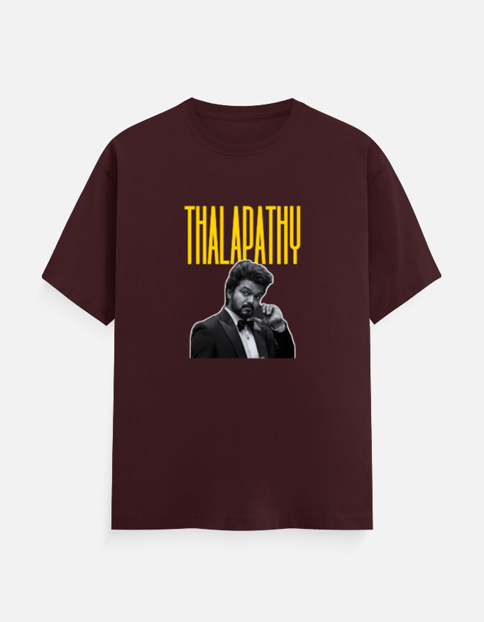 Maroon oversized t-shirt with Thalapathy typography and black and white portrait print, front view