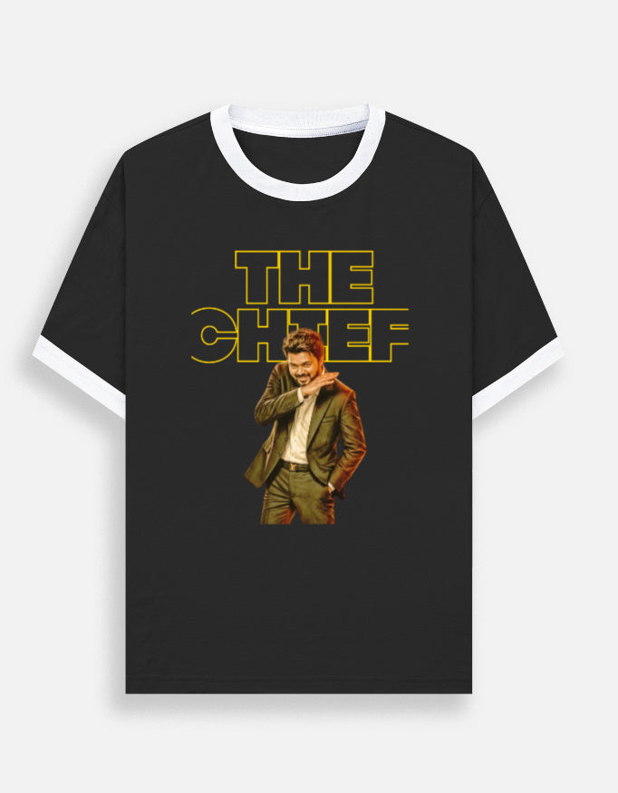 Black ringer t-shirt with white contrast collar and The Chief typography print, front view