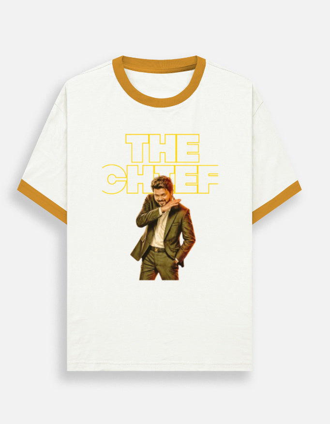White ringer t-shirt with mustard contrast collar and The Chief typography print, front view