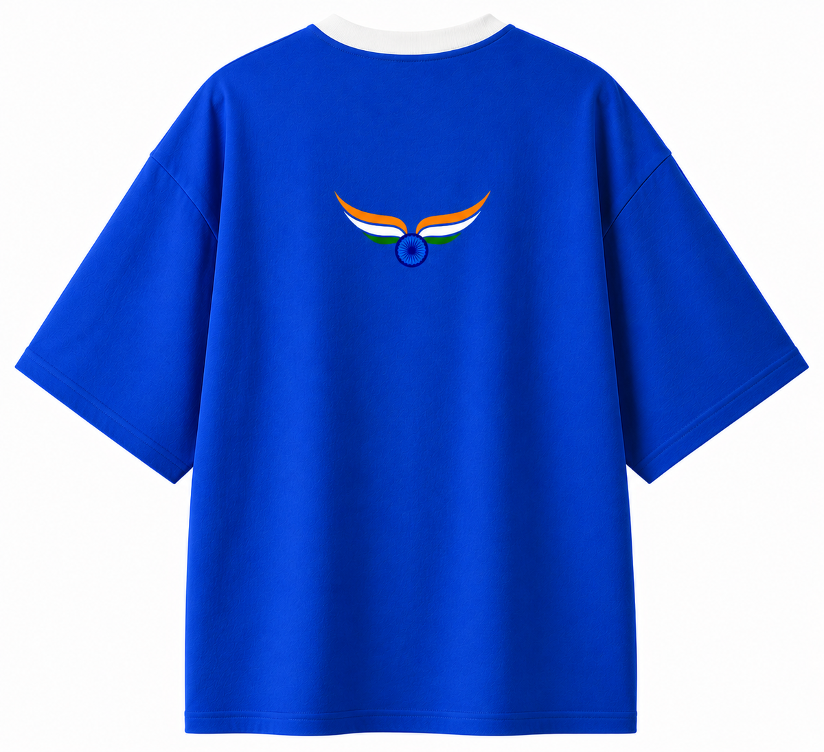 A royal blue short-sleeve t-shirt with a white crew neck, featuring a small central graphic of stylized wings in the colors of the Indian flag (saffron orange, white, and green) with a blue emblem in the middle, displayed on a clean white background.