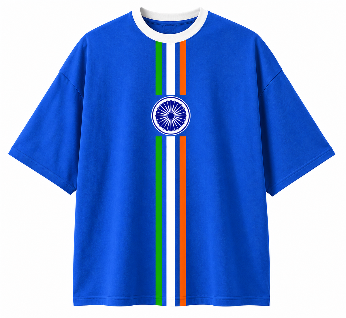 A royal blue short-sleeve t-shirt with a white crew neck, featuring a vertical stripe design in the colors of the Indian flag (green, white, orange) down the center, with the Ashoka Chakra emblem printed in the middle. The t-shirt is displayed flat against a solid white background.