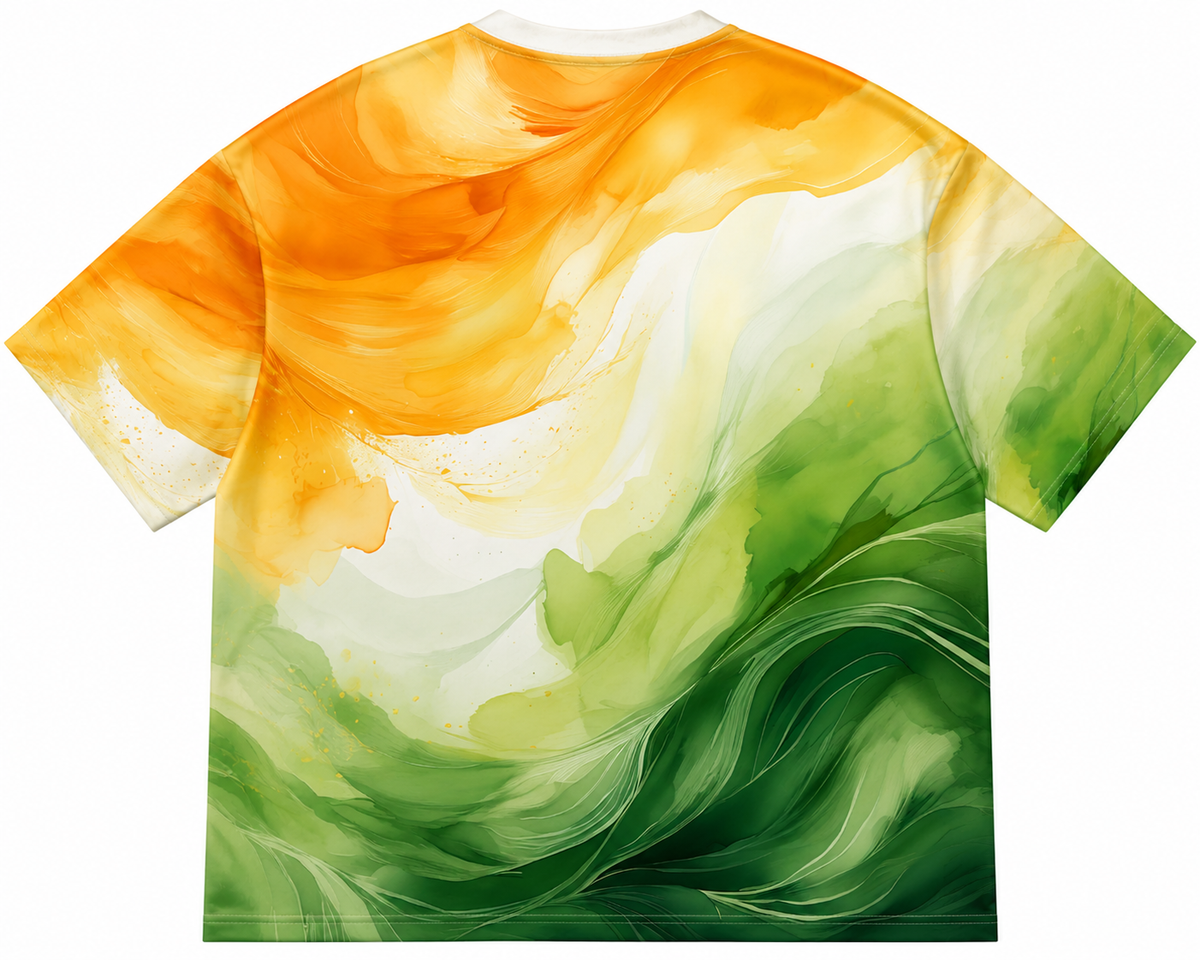 A short-sleeve crewneck t-shirt featuring an abstract watercolor print with a gradient of orange, yellow, white, and green on a solid white background.