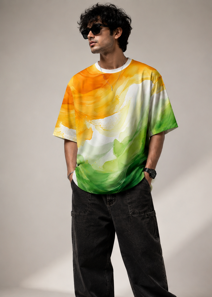 Man wearing tricolor Ashoka Chakra oversized t-shirt front view
