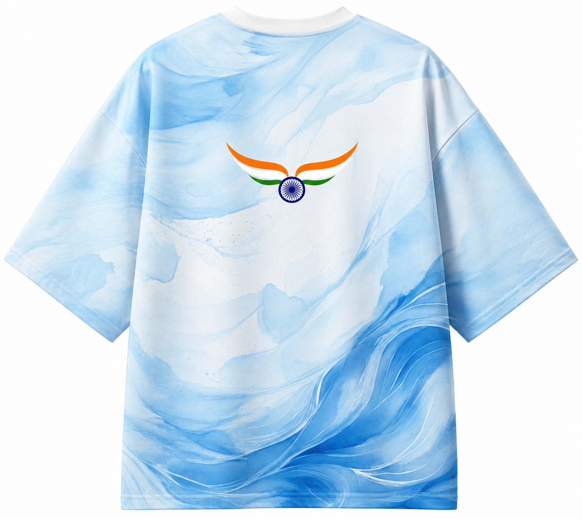 A light blue and white marbled short-sleeve t-shirt shown from the back, featuring a stylized Indian tricolor wing emblem with a blue center on the upper back.