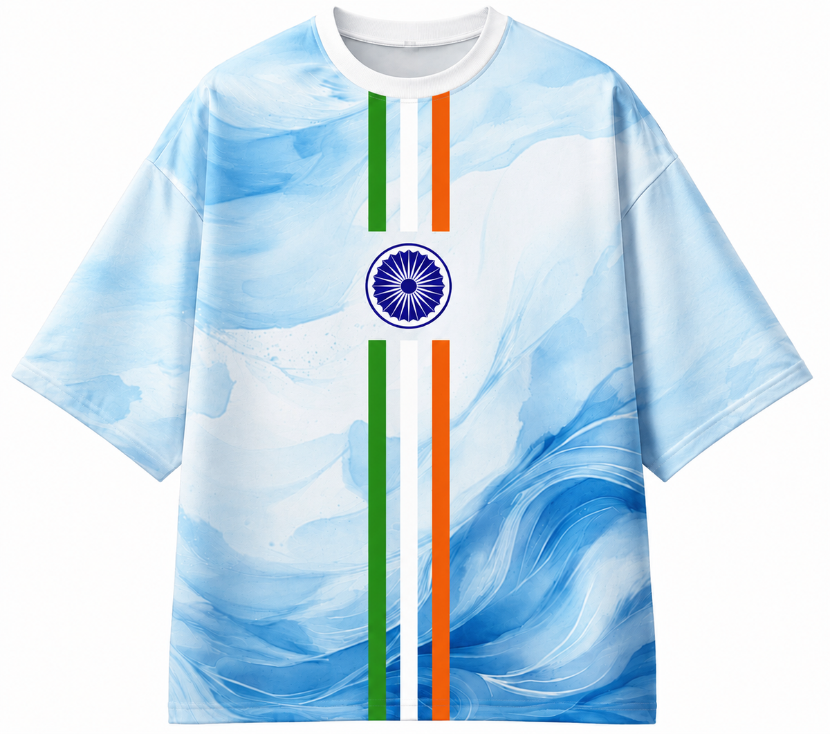 A short-sleeve t-shirt featuring a watercolor-style Indian flag design with light blue and white marbled waves, vertical green, white, and orange stripes down the center, and the blue Ashoka Chakra emblem in the middle.